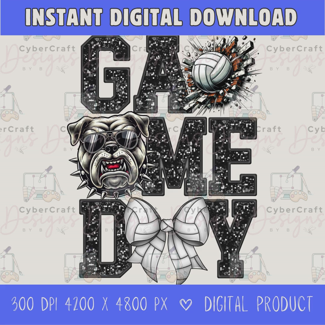 High-resolution Game Day Bulldog  volleyball PNG digital download with transparent background, black glitter varsity lettering, volleyball graphic, bears mascot, volleyball bow, 4200 x 4800 pixels, and 300 DPI for sublimation and printable crafts.
