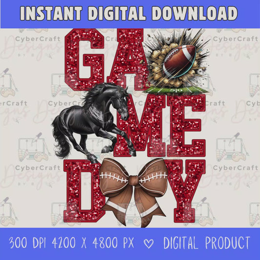 High-resolution Game Day Mustangs football PNG digital download with transparent background, red glitter varsity lettering, football graphic, pirate mascot, football bow, 4200 x 4800 pixels, and 300 DPI for sublimation and printable crafts.