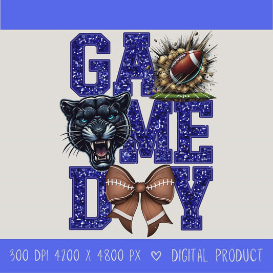 High-resolution Game Day Pirates football PNG digital download with transparent background, blue glitter varsity lettering, football graphic, pirate mascot, football bow, 4200 x 4800 pixels, and 300 DPI for sublimation and printable crafts.