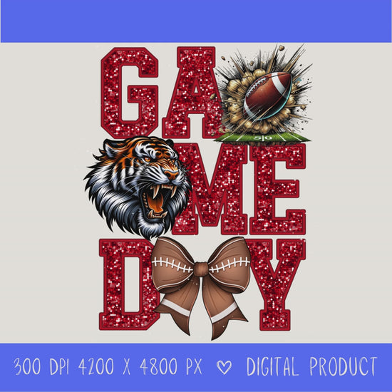 High-resolution Game Day Tigers football PNG digital download with transparent background, Red glitter varsity lettering, football graphic, tiger mascot, football bow, 4200 x 4800 pixels, and 300 DPI for sublimation and printable crafts.