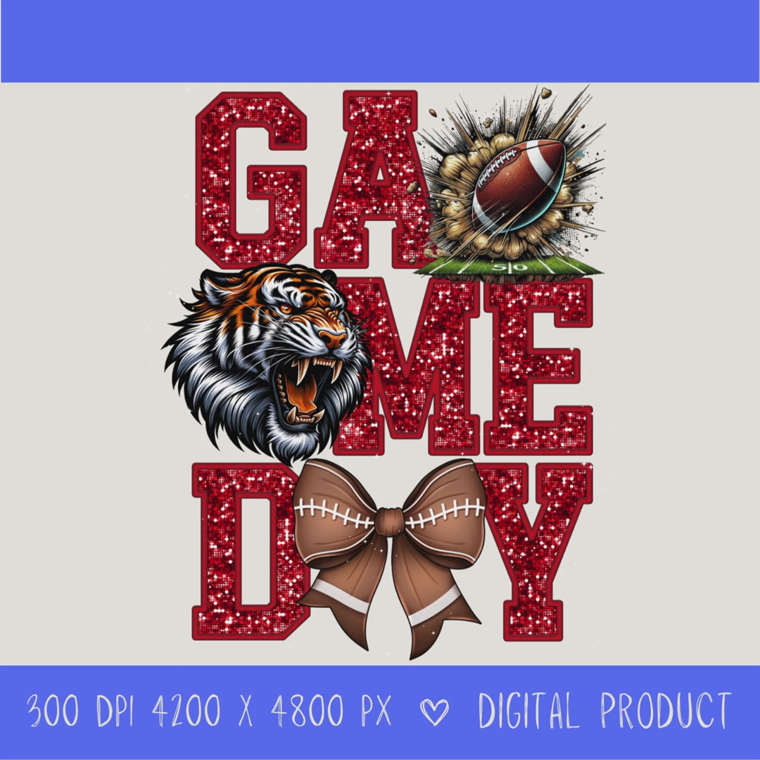 High-resolution Game Day Tigers football PNG digital download with transparent background, Red glitter varsity lettering, football graphic, tiger mascot, football bow, 4200 x 4800 pixels, and 300 DPI for sublimation and printable crafts.