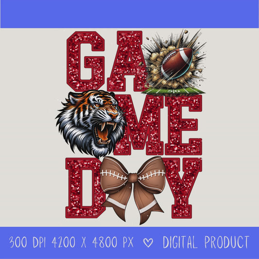 High-resolution Game Day Tigers football PNG digital download with transparent background, Red glitter varsity lettering, football graphic, tiger mascot, football bow, 4200 x 4800 pixels, and 300 DPI for sublimation and printable crafts.