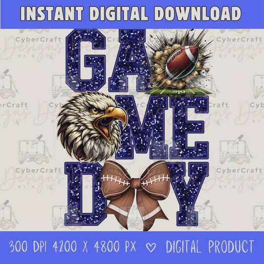 High-resolution Game Day Eagles football PNG digital download with transparent background, navy glitter varsity lettering, football graphic, pirate mascot, football bow, 4200 x 4800 pixels, and 300 DPI for sublimation and printable crafts.