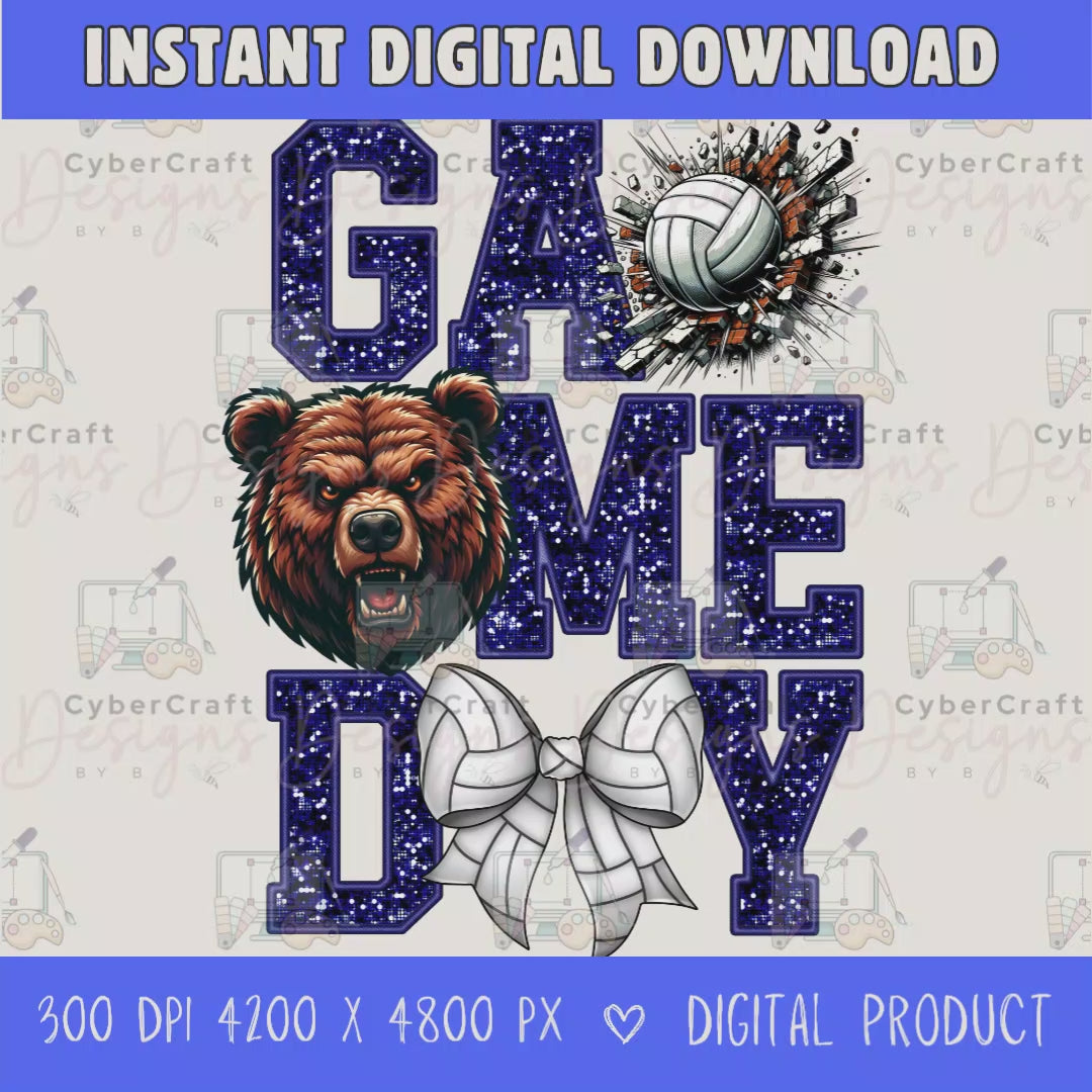 High-resolution Game Day Bears volleyball PNG digital download with transparent background, Black glitter varsity lettering, volleyball graphic, bears mascot, volleyball bow, 4200 x 4800 pixels, and 300 DPI for sublimation and printable crafts.