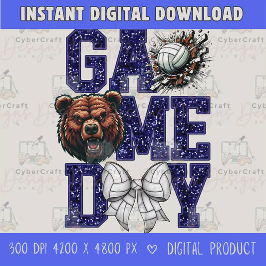 High-resolution Game Day Bears volleyball PNG digital download with transparent background, Black glitter varsity lettering, volleyball graphic, bears mascot, volleyball bow, 4200 x 4800 pixels, and 300 DPI for sublimation and printable crafts.