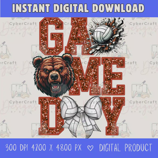 High-resolution Game Day Bears volleyball PNG digital download with transparent background, orange glitter varsity lettering, volleyball graphic, bears mascot, volleyball bow, 4200 x 4800 pixels, and 300 DPI for sublimation and printable crafts.