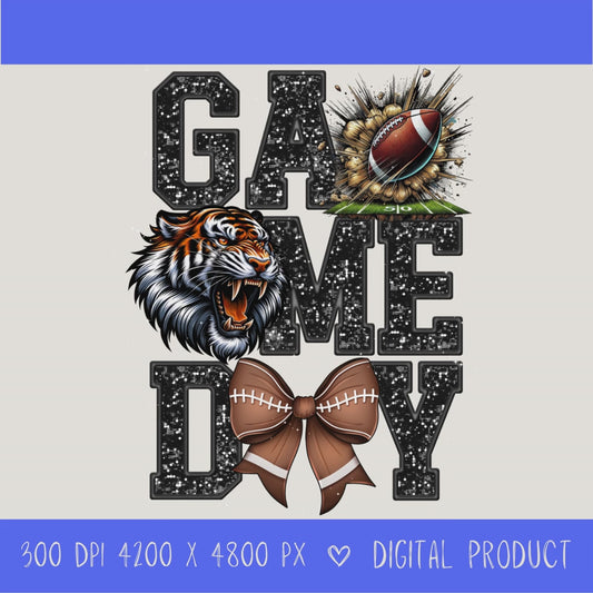 High-resolution Game Day Tigers football PNG digital download with transparent background, black glitter varsity lettering, football graphic, tiger mascot, football bow, 4200 x 4800 pixels, and 300 DPI for sublimation and printable crafts.