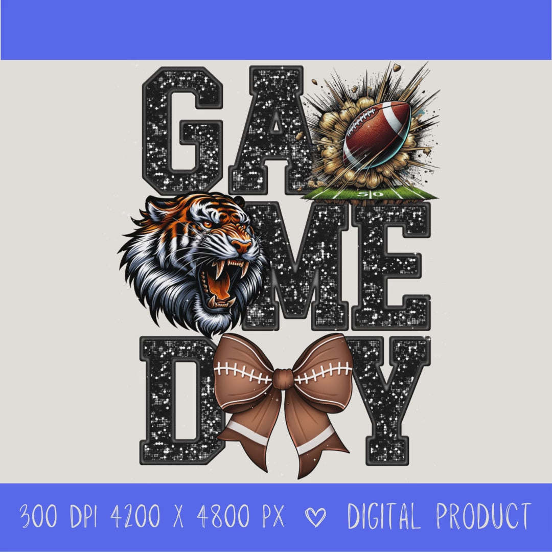 High-resolution Game Day Tigers football PNG digital download with transparent background, black glitter varsity lettering, football graphic, tiger mascot, football bow, 4200 x 4800 pixels, and 300 DPI for sublimation and printable crafts.