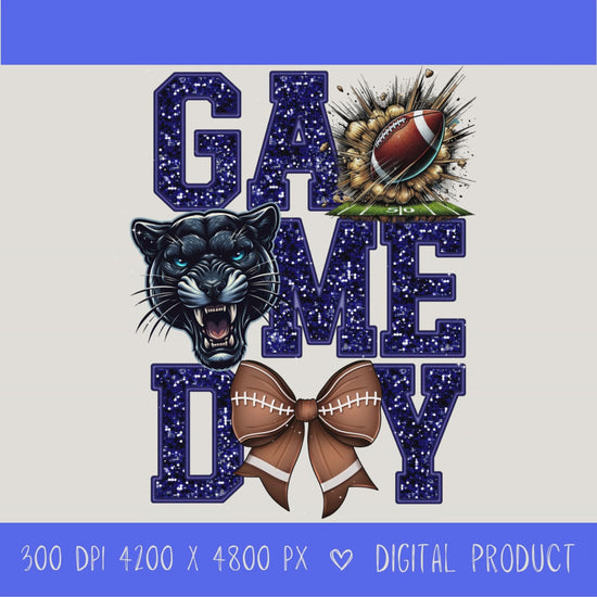 High-resolution Game Day Pirates football PNG digital download with transparent background, navy glitter varsity lettering, football graphic, pirate mascot, football bow, 4200 x 4800 pixels, and 300 DPI for sublimation and printable crafts.