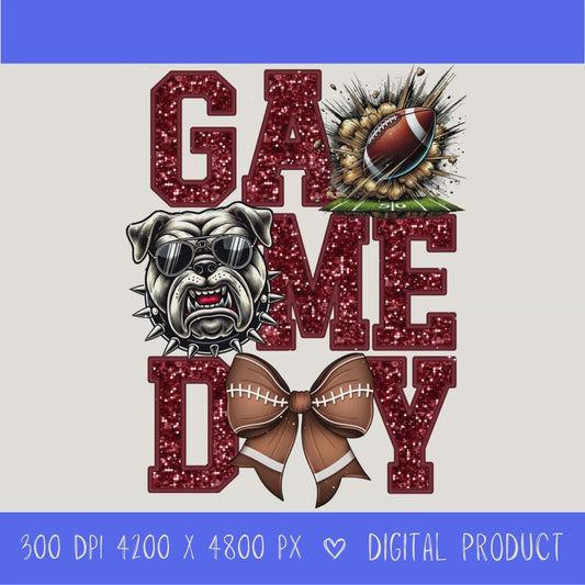 High-resolution Game Day Bulldogs football PNG digital download with transparent background, maroon glitter varsity lettering, football graphic, pirate mascot, football bow, 4200 x 4800 pixels, and 300 DPI for sublimation and printable crafts.