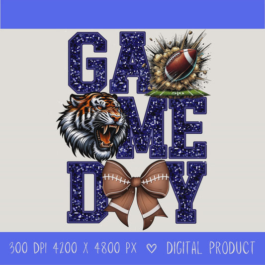 High-resolution Game Day Tigers football PNG digital download with transparent background, Navy glitter varsity lettering, football graphic, tiger mascot, football bow, 4200 x 4800 pixels, and 300 DPI for sublimation and printable crafts.