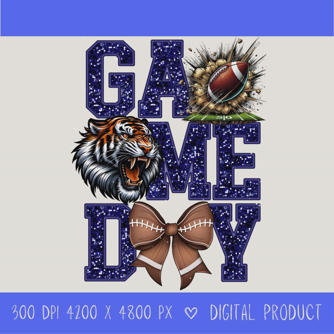 High-resolution Game Day Tigers football PNG digital download with transparent background, Navy glitter varsity lettering, football graphic, tiger mascot, football bow, 4200 x 4800 pixels, and 300 DPI for sublimation and printable crafts.