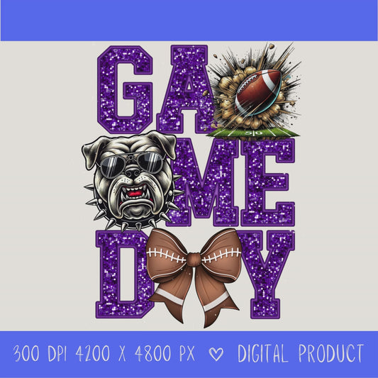High-resolution Game Day Bulldogs football PNG digital download with transparent background, purple glitter varsity lettering, football graphic, pirate mascot, football bow, 4200 x 4800 pixels, and 300 DPI for sublimation and printable crafts.