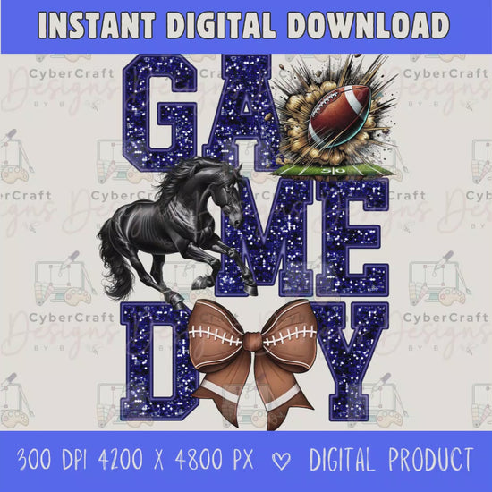 High-resolution Game Day Mustangs football PNG digital download with transparent background, navy glitter varsity lettering, football graphic, pirate mascot, football bow, 4200 x 4800 pixels, and 300 DPI for sublimation and printable crafts.
