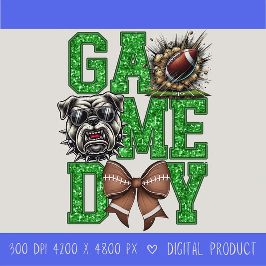High-resolution Game Day Bulldogs football PNG digital download with transparent background, green glitter varsity lettering, football graphic, pirate mascot, football bow, 4200 x 4800 pixels, and 300 DPI for sublimation and printable crafts.