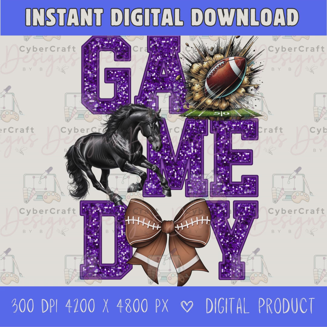 High-resolution Game Day Mustangs football PNG digital download with transparent background, purple glitter varsity lettering, football graphic, pirate mascot, football bow, 4200 x 4800 pixels, and 300 DPI for sublimation and printable crafts.