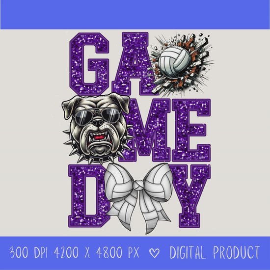 High-resolution Game Day Bulldog  volleyball PNG digital download with transparent background, purple glitter varsity lettering, volleyball graphic, bears mascot, volleyball bow, 4200 x 4800 pixels, and 300 DPI for sublimation and printable crafts.