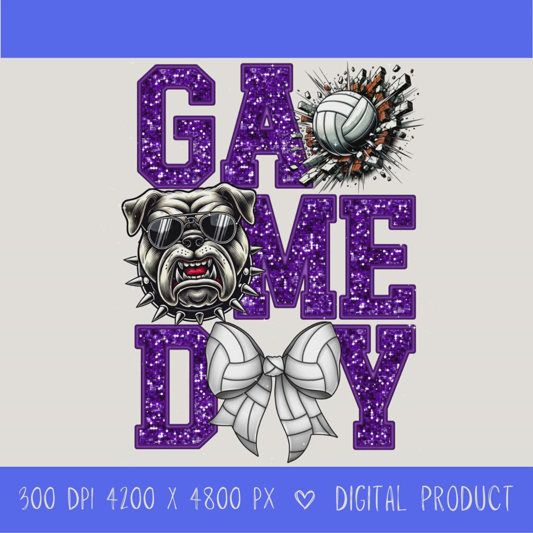 High-resolution Game Day Bulldog  volleyball PNG digital download with transparent background, purple glitter varsity lettering, volleyball graphic, bears mascot, volleyball bow, 4200 x 4800 pixels, and 300 DPI for sublimation and printable crafts.