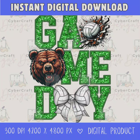 High-resolution Game Day Bears volleyball PNG digital download with transparent background, green glitter varsity lettering, volleyball graphic, bears mascot, volleyball bow, 4200 x 4800 pixels, and 300 DPI for sublimation and printable crafts.