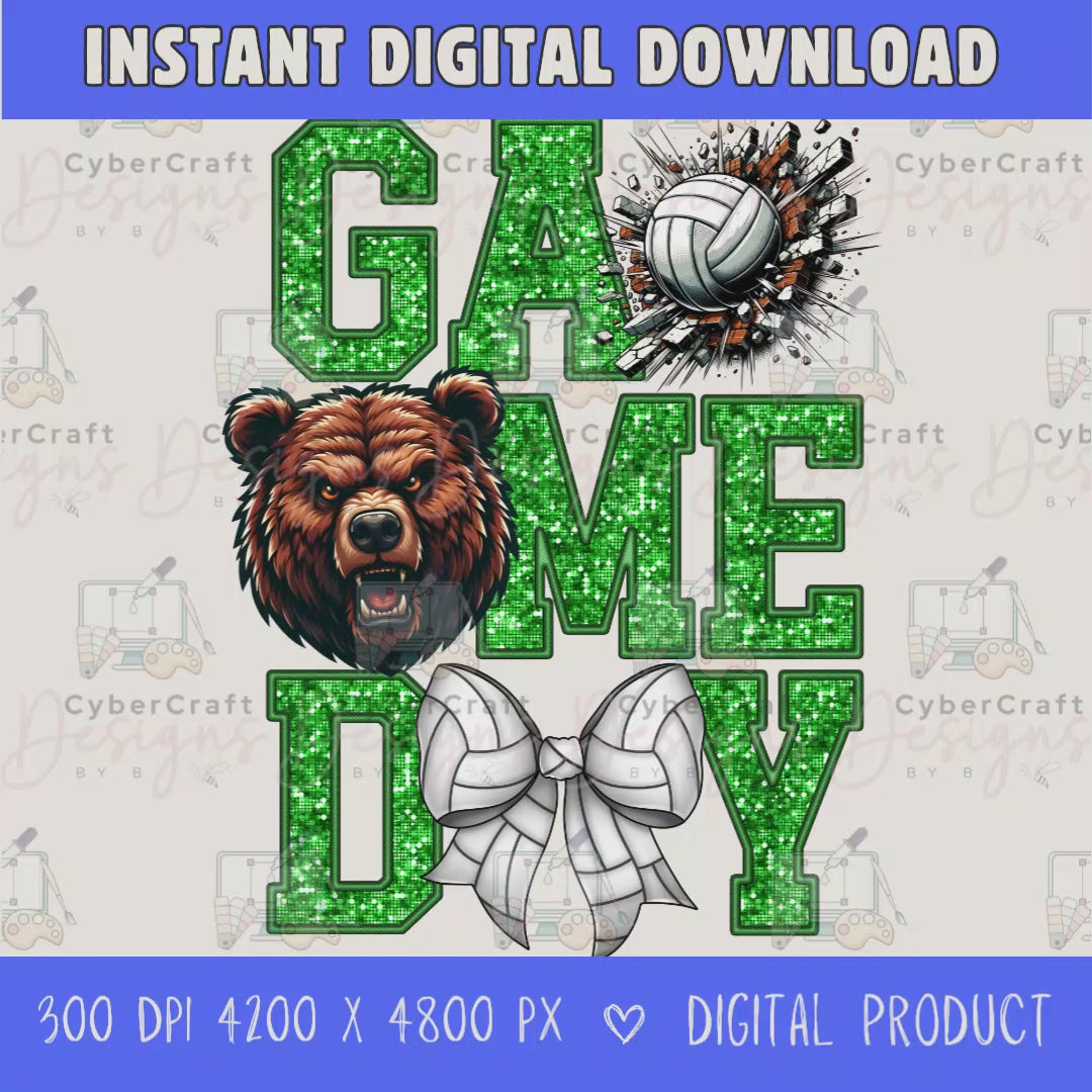 High-resolution Game Day Bears volleyball PNG digital download with transparent background, green glitter varsity lettering, volleyball graphic, bears mascot, volleyball bow, 4200 x 4800 pixels, and 300 DPI for sublimation and printable crafts.