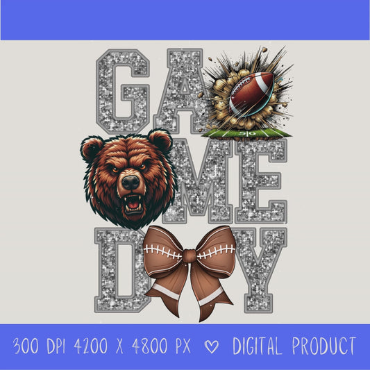 High-resolution Game Day Bears football PNG digital download with transparent background, silver glitter varsity lettering, football graphic, pirate mascot, football bow, 4200 x 4800 pixels, and 300 DPI for sublimation and printable crafts.