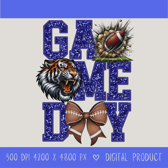 High-resolution Game Day Warrior football PNG digital download with transparent background, blue glitter varsity lettering, football graphic, pirate mascot, football bow, 4200 x 4800 pixels, and 300 DPI for sublimation and printable crafts.