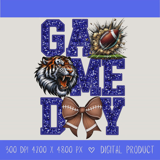 High-resolution Game Day Warrior football PNG digital download with transparent background, blue glitter varsity lettering, football graphic, pirate mascot, football bow, 4200 x 4800 pixels, and 300 DPI for sublimation and printable crafts.