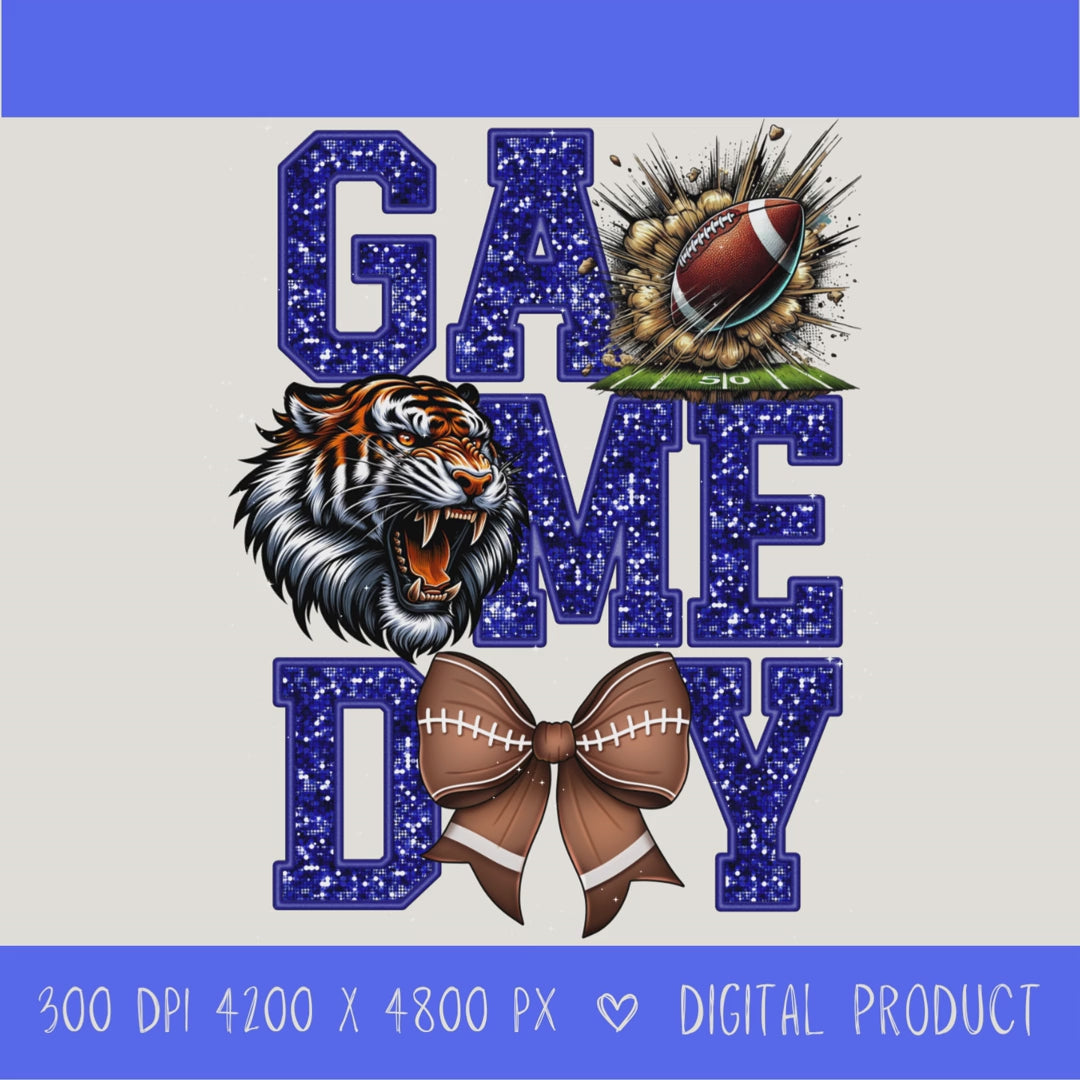 High-resolution Game Day Warrior football PNG digital download with transparent background, blue glitter varsity lettering, football graphic, pirate mascot, football bow, 4200 x 4800 pixels, and 300 DPI for sublimation and printable crafts.