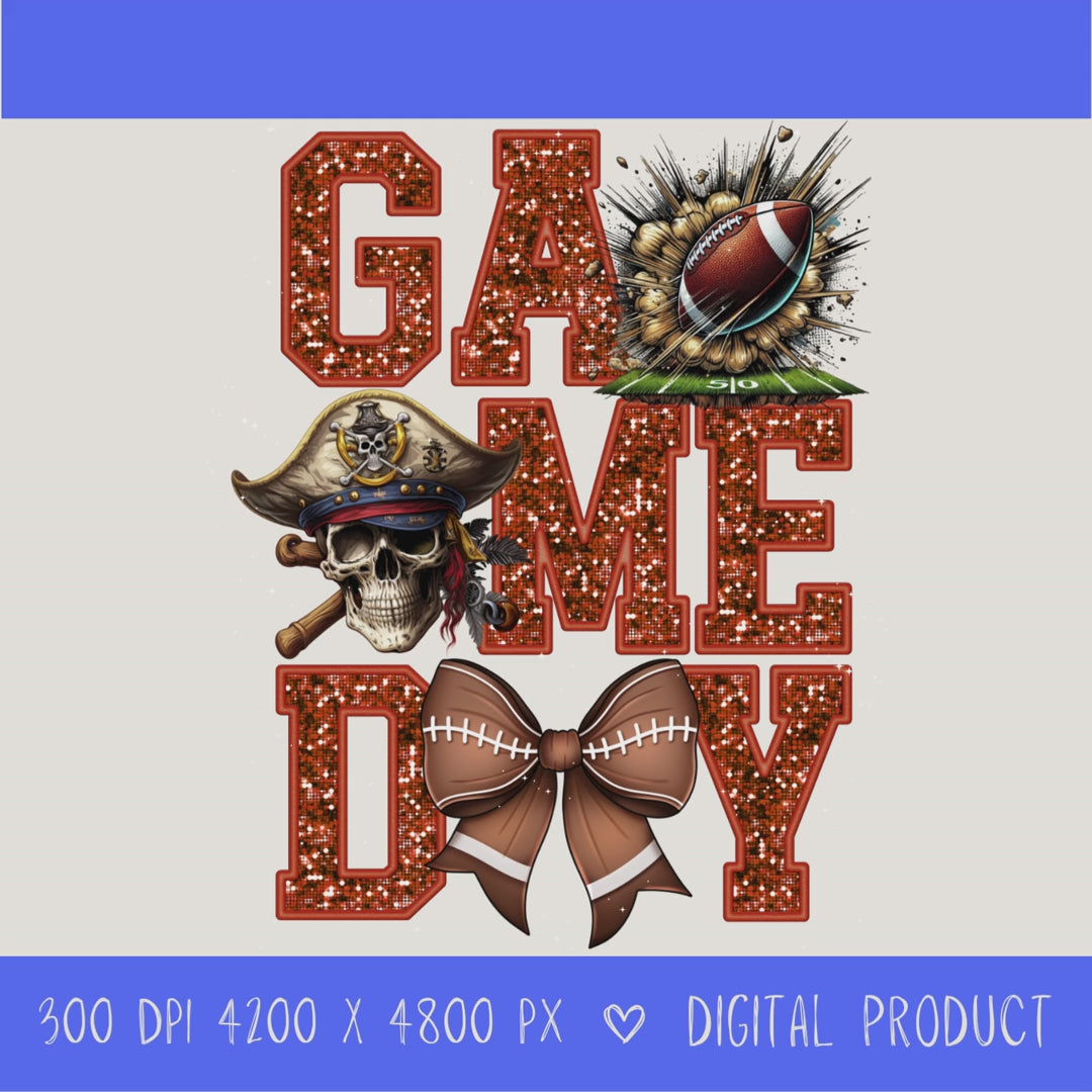 High-resolution Game Day Pirates football PNG digital download with transparent background, orange glitter varsity lettering, football graphic, pirate mascot, football bow, 4200 x 4800 pixels, and 300 DPI for sublimation and printable crafts.