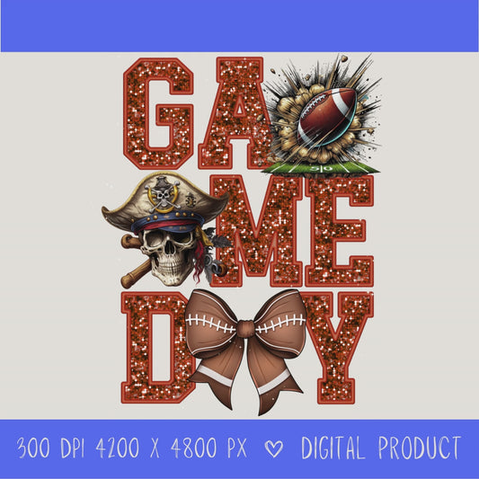 High-resolution Game Day Pirates football PNG digital download with transparent background, orange glitter varsity lettering, football graphic, pirate mascot, football bow, 4200 x 4800 pixels, and 300 DPI for sublimation and printable crafts.