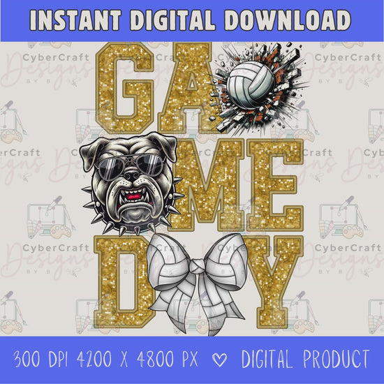 High-resolution Game Day Bulldog volleyball PNG digital download with transparent background, gold glitter varsity lettering, volleyball graphic, bears mascot, volleyball bow, 4200 x 4800 pixels, and 300 DPI for sublimation and printable crafts.