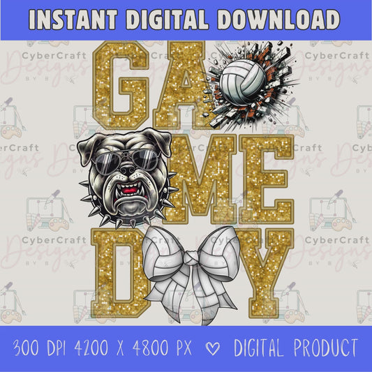 High-resolution Game Day Bulldog volleyball PNG digital download with transparent background, gold glitter varsity lettering, volleyball graphic, bears mascot, volleyball bow, 4200 x 4800 pixels, and 300 DPI for sublimation and printable crafts.