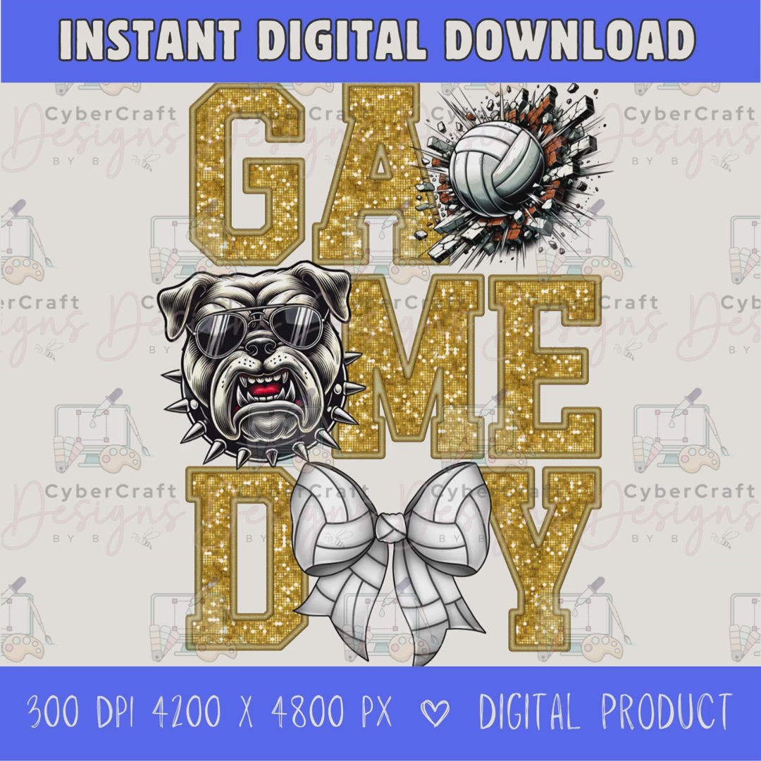 High-resolution Game Day Bulldog volleyball PNG digital download with transparent background, gold glitter varsity lettering, volleyball graphic, bears mascot, volleyball bow, 4200 x 4800 pixels, and 300 DPI for sublimation and printable crafts.