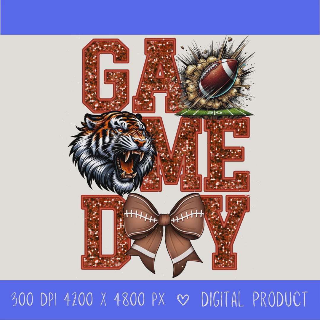 High-resolution Game Day Tigers football PNG digital download with transparent background, Orange glitter varsity lettering, football graphic, tiger mascot, football bow, 4200 x 4800 pixels, and 300 DPI for sublimation and printable crafts.