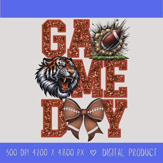 High-resolution Game Day Tigers football PNG digital download with transparent background, Orange glitter varsity lettering, football graphic, tiger mascot, football bow, 4200 x 4800 pixels, and 300 DPI for sublimation and printable crafts.