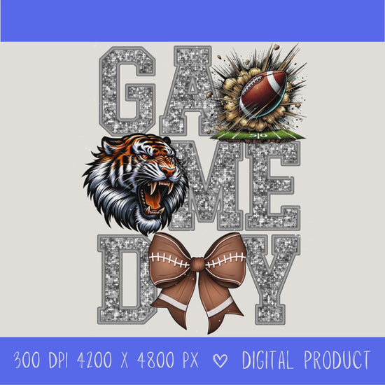 High-resolution Game Day Tigers football PNG digital download with transparent background, Silver glitter varsity lettering, football graphic, tiger mascot, football bow, 4200 x 4800 pixels, and 300 DPI for sublimation and printable crafts.