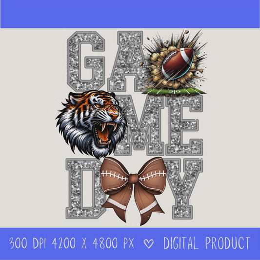 High-resolution Game Day Tigers football PNG digital download with transparent background, Silver glitter varsity lettering, football graphic, tiger mascot, football bow, 4200 x 4800 pixels, and 300 DPI for sublimation and printable crafts.