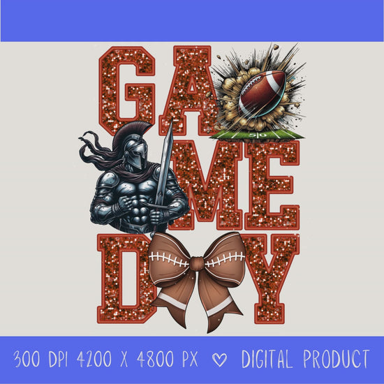 High-resolution Game Day Warrior football PNG digital download with transparent background, orange glitter varsity lettering, football graphic, pirate mascot, football bow, 4200 x 4800 pixels, and 300 DPI for sublimation and printable crafts.