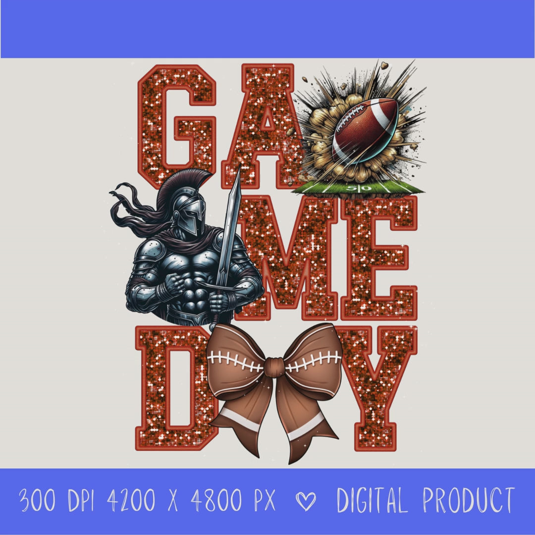 High-resolution Game Day Warrior football PNG digital download with transparent background, orange glitter varsity lettering, football graphic, pirate mascot, football bow, 4200 x 4800 pixels, and 300 DPI for sublimation and printable crafts.