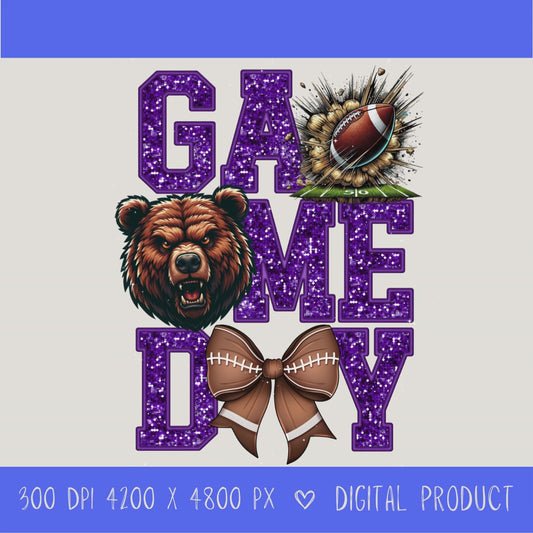 High-resolution Game Day Bears football PNG digital download with transparent background, purple glitter varsity lettering, football graphic, pirate mascot, football bow, 4200 x 4800 pixels, and 300 DPI for sublimation and printable crafts.