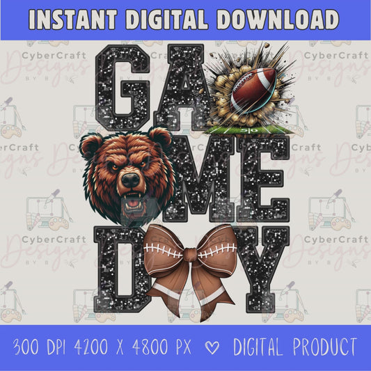 High-resolution Game Day Bears football PNG digital download with transparent background, black glitter varsity lettering, football graphic, pirate mascot, football bow, 4200 x 4800 pixels, and 300 DPI for sublimation and printable crafts.