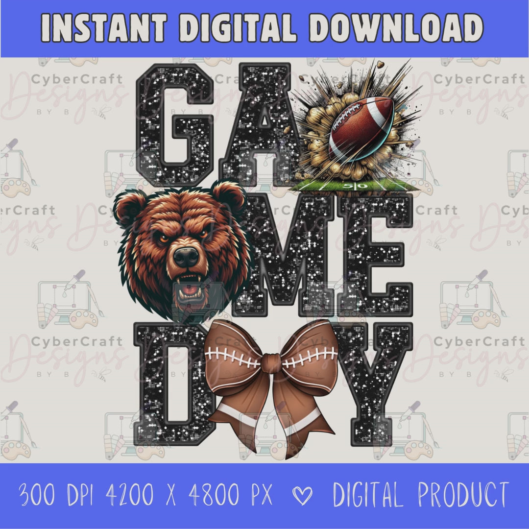 High-resolution Game Day Bears football PNG digital download with transparent background, black glitter varsity lettering, football graphic, pirate mascot, football bow, 4200 x 4800 pixels, and 300 DPI for sublimation and printable crafts.