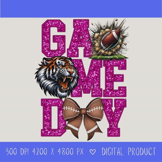 High-resolution Game Day Tigers football PNG digital download with transparent background, Pink glitter varsity lettering, football graphic, tiger mascot, football bow, 4200 x 4800 pixels, and 300 DPI for sublimation and printable crafts.