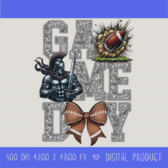 High-resolution Game Day Warrior football PNG digital download with transparent background, silver glitter varsity lettering, football graphic, pirate mascot, football bow, 4200 x 4800 pixels, and 300 DPI for sublimation and printable crafts.