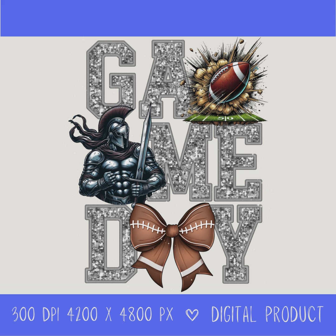 High-resolution Game Day Warrior football PNG digital download with transparent background, silver glitter varsity lettering, football graphic, pirate mascot, football bow, 4200 x 4800 pixels, and 300 DPI for sublimation and printable crafts.
