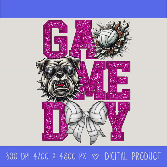 High-resolution Game Day Bulldog  volleyball PNG digital download with transparent background, pink glitter varsity lettering, volleyball graphic, bears mascot, volleyball bow, 4200 x 4800 pixels, and 300 DPI for sublimation and printable crafts.
