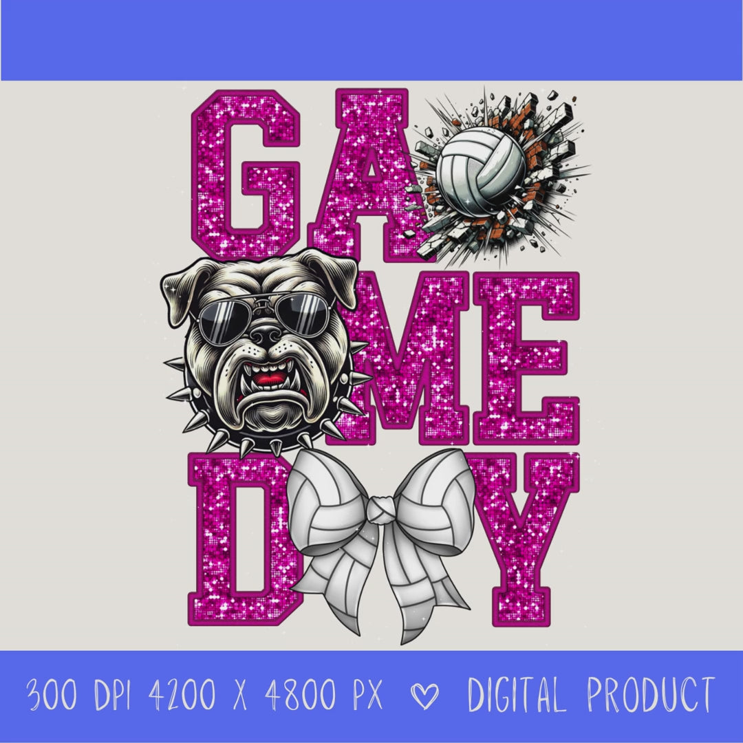 High-resolution Game Day Bulldog  volleyball PNG digital download with transparent background, pink glitter varsity lettering, volleyball graphic, bears mascot, volleyball bow, 4200 x 4800 pixels, and 300 DPI for sublimation and printable crafts.