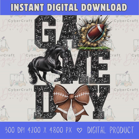 High-resolution Game Day Mustangs football PNG digital download with transparent background, black glitter varsity lettering, football graphic, pirate mascot, football bow, 4200 x 4800 pixels, and 300 DPI for sublimation and printable crafts.