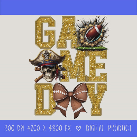 High-resolution Game Day Pirates football PNG digital download with transparent background, gold glitter varsity lettering, football graphic, pirate mascot, football bow, 4200 x 4800 pixels, and 300 DPI for sublimation and printable crafts.