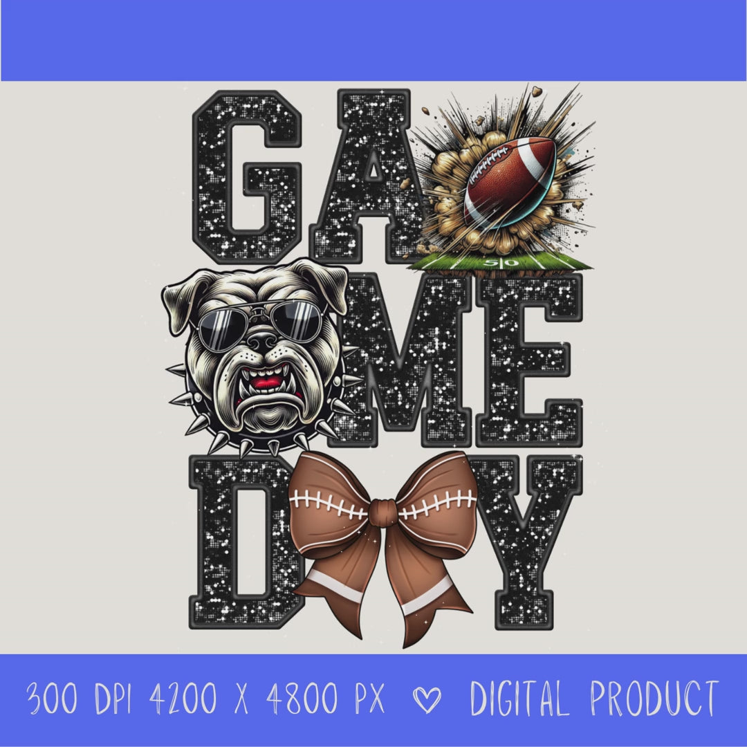 High-resolution Game Day Bulldogs football PNG digital download with transparent background, Black glitter varsity lettering, football graphic, pirate mascot, football bow, 4200 x 4800 pixels, and 300 DPI for sublimation and printable crafts.